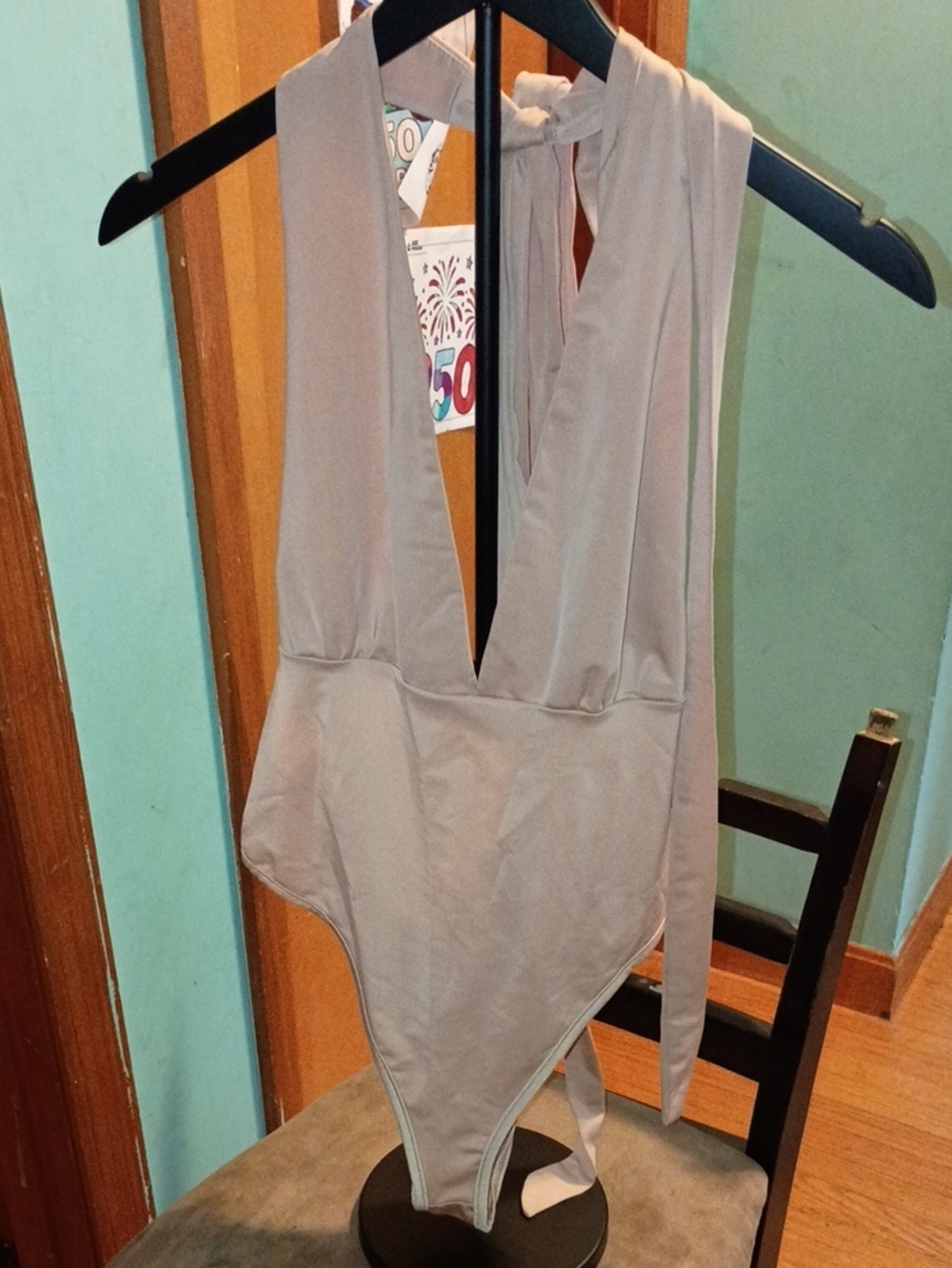 SHEIN Taupe Deep V Halter One-Piece Swimsuit